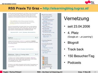 RSS Praxis TU Graz –  http://elearningblog.tugraz.at/   Vernetzung seit 23.04.2006 4. Platz  (Google.at – „e-Learning“) Blogroll  Track back 150 Besucher/Tag Podcasts 