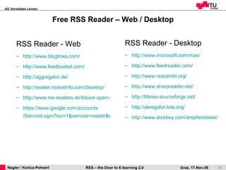 Free RSS Reader – Web / Desktop RSS Reader - Web http:// www.bloglines.com / http:// www.feedbucket.com / http:// aggregator.de / http:// reader.rocketinfo.com / desktop / http://www.rss-readers.de/bloxor-open-source-web-rss-reader/ https:// www.google.com / accounts /ServiceLogin?nui=1&service=reader&continue=http%3A%2F%2Fwww.google.com%2Freader RSS Reader - Desktop http:// www.microsoft.com / max / http:// www.feedreader.com / http:// www.rssbandit.org / http:// www.sharpreader.net / http:// liferea.sourceforge.net /   http:// akregator.kde.org / http:// www.disobey.com / amphetadesk / 