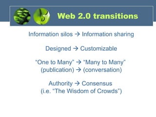 Web 2.0 transitions Information silos    Information sharing Designed    Customizable “ One to Many”    “Many to Many”  (publication)    (conversation) Authority    Consensus  (i.e. “The Wisdom of Crowds”) 