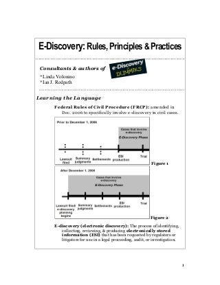 1
E-Discovery: Rules, Principles& Practices
Consultants & authors of
*Linda Volonino
*Ian J. Redpath
Learning the Language
Federal Rules of Civil Procedure (FRCP): amended in
Dec. 2006 to specifically involve e-discovery in civil cases.
Figure 1
Figure 2
E-discovery (electronic discovery): The process of identifying,
collecting, reviewing, & producing electronically stored
information (ESI) that has been requested by regulators or
litigators for use in a legal proceeding, audit, or investigation.
 