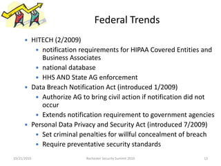 Federal Trends
 HITECH (2/2009)
 notification requirements for HIPAA Covered Entities and
Business Associates
 national database
 HHS AND State AG enforcement
 Data Breach Notification Act (introduced 1/2009)
 Authorize AG to bring civil action if notification did not
occur
 Extends notification requirement to government agencies
 Personal Data Privacy and Security Act (introduced 7/2009)
 Set criminal penalties for willful concealment of breach
 Require preventative security standards
10/21/2010 13Rochester Security Summit 2010
 