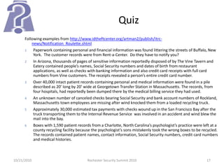 Quiz
Following examples from http://www.idtheftcenter.org/artman2/publish/itrc-
news/Notification_Roulette.shtml
1 Paperwork containing personal and financial information was found littering the streets of Buffalo, New
York. The customer records were from Rent-a-Center. Do they have to notify you?
2 In Arizona, thousands of pages of sensitive information reportedly disposed of by The Vine Tavern and
Eatery contained people’s names, Social Security numbers and dates of birth from restaurant
applications, as well as checks with banking information and also credit card receipts with full card
numbers from Vine customers. The receipts revealed a person’s entire credit card number.
3 Over 40,000 intact patient records containing personal and medical information were found in a pile
described as 20’ long by 20’ wide at Georgetown Transfer Station in Massachusetts. The records, from
four hospitals, had reportedly been dumped there by the medical billing service they had used.
4 An unknown number of canceled checks bearing Social Security and bank account numbers of Rockland,
Massachusetts town employees are missing after wind knocked them from a loaded recycling truck.
5 Approximately 30,000 estimated tax payments with checks wound up in the San Francisco Bay after the
truck transporting them to the Internal Revenue Service was involved in an accident and wind blew the
mail into the bay.
6 Boxes with 1,590 patient records from a Charlotte, North Carolina’s psychologist’s practice were left at a
county recycling facility because the psychologist’s sons mistakenly took the wrong boxes to be recycled.
The records contained patient names, contact information, Social Security numbers, credit card numbers
and medical histories.
10/21/2010 17Rochester Security Summit 2010
 