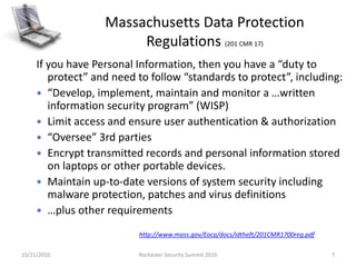 Massachusetts Data Protection
Regulations (201 CMR 17)
http://www.mass.gov/Eoca/docs/idtheft/201CMR1700reg.pdf
If you have Personal Information, then you have a “duty to
protect” and need to follow “standards to protect”, including:
 “Develop, implement, maintain and monitor a …written
information security program” (WISP)
 Limit access and ensure user authentication & authorization
 “Oversee” 3rd parties
 Encrypt transmitted records and personal information stored
on laptops or other portable devices.
 Maintain up-to-date versions of system security including
malware protection, patches and virus definitions
 …plus other requirements
10/21/2010 7Rochester Security Summit 2010
 