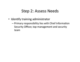 Step	
  2:	
  Assess	
  Needs	
  
•  IdenFfy	
  training	
  administrator	
  	
  
– Primary	
  responsibility	
  lies	
  with	
  Chief	
  InformaFon	
  
Security	
  Oﬃcer,	
  top	
  management	
  and	
  security	
  
team	
  
 