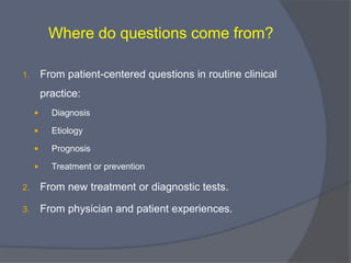 Sources of Research Questions

•   Health development and promotion depends on
    researchers asking the „right‟ questions and identifying
    solvable problems.

•   Sources:
    • Expertise of researchers (professional background):

      •   Theoretical knowledge

      •   Practical experience

    • Culmination of intensive preliminary observations

    • Reading in the library

    • Discussion
 