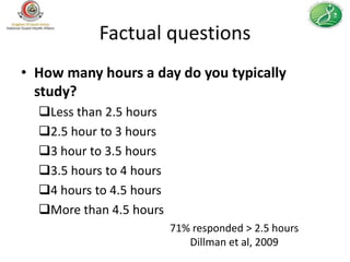 Factual questions
• How many hours a day do you typically
  study?
  Less than 2.5 hours
  2.5 hour to 3 hours
  3 hour to 3.5 hours
  3.5 hours to 4 hours
  4 hours to 4.5 hours
  More than 4.5 hours
                          71% responded > 2.5 hours
                             Dillman et al, 2009
 