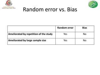 Random error vs. Bias

                                         Random error   Bias

Ameliorated by repetition of the study       Yes        No

Ameliorated by large sample size             Yes        No
 