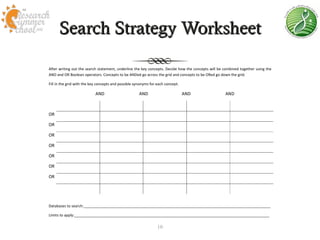 Search Strategy Worksheet
Search Strategy Worksheet_________________________________________________
Search statement: I am looking for articles about ___________________________________________________________________

After writing out the search statement, underline the key concepts. Decide how the concepts will be combined together using the
AND and OR Boolean operators. Concepts to be ANDed go across the grid and concepts to be ORed go down the grid.

Fill in the grid with the key concepts and possible synonyms for each concept.

                            AND                       AND                        AND                AND



OR

OR

OR

OR

OR

OR

OR




Databases to search:___________________________________________________________________________________________

Limits to apply:_______________________________________________________________________________________________

                                                                 10
 