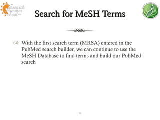 Search for MeSH Terms


 With the first search term (MRSA) entered in the
  PubMed search builder, we can continue to use the
  MeSH Database to find terms and build our PubMed
  search




                         30
 