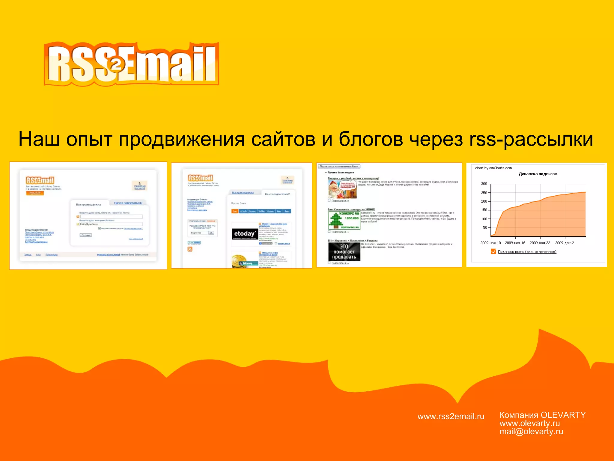 Компания  OLEVARTY www.olevarty.ru mail@olevarty.ru  www.rss2email.ru  Наш опыт продвижения сайтов и блогов через  rss- рассылки 