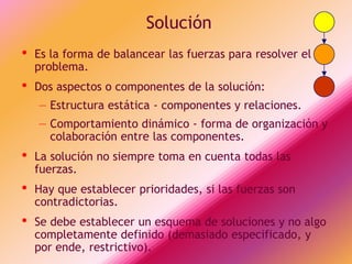 Solución
•   Es la forma de balancear las fuerzas para resolver el
    problema.
•   Dos aspectos o componentes de la solución:
    – Estructura estática - componentes y relaciones.
    – Comportamiento dinámico - forma de organización y
      colaboración entre las componentes.
•   La solución no siempre toma en cuenta todas las
    fuerzas.
•   Hay que establecer prioridades, si las fuerzas son
    contradictorias.
•   Se debe establecer un esquema de soluciones y no algo
    completamente definido (demasiado especificado, y
    por ende, restrictivo).
 