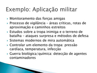 }    Monitoramento das forças amigas
}    Processo de vigilância – áreas críticas, rotas de
      aproximação e caminhos estreitos
}    Estudos sobre a tropa inimiga e o terreno de
      batalha – ataques surpresa e métodos de defesa
}    Sistemas modernos de mira automática
}    Controlar um elemento da tropa: pressão
      cardíaca, temperatura, infecção
}    Guerra biológica/química: detecção de agentes
      contaminadores
 