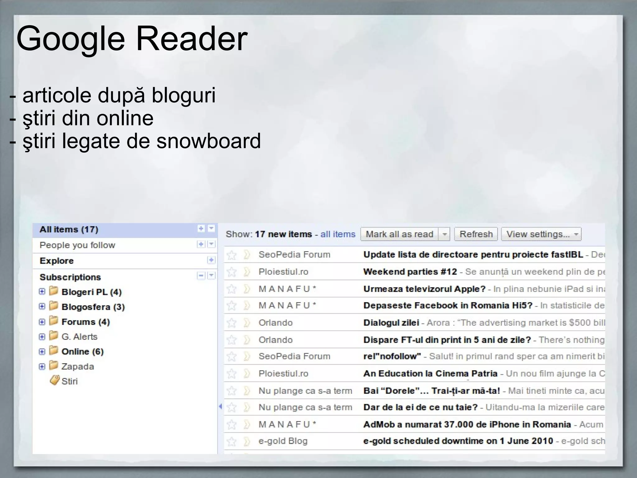 Google Reader - articole după bloguri - ştiri din online - ştiri legate de snowboard 