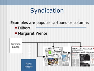 Examples are popular cartoons or columns Dilbert  Margaret Wente Common Source News Reader Syndication 