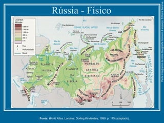 Rússia - Físico
Fonte: World Atlas. Londres: Dorling Kindersley, 1999. p. 175 (adaptado).
ParteintegrantedaobraGeografiahomem&espaço,EditoraSaraiva
 