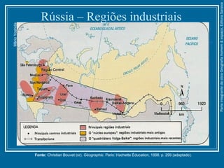 Rússia – Regiões industriaisMárioYoshida
Fonte: Christian Bouvet (or). Géographie. Paris: Hachette Éducation, 1998. p. 299 (adaptado).
ParteintegrantedaobraGeografiahomem&espaço,EditoraSaraiva
 