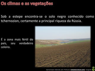 Apresentação elaborada pela Professora FERNANDA BRUM LOPES - Geografia
Sob a estepe encontra-se o solo negro conhecido como
tchernozion, certamente a principal riqueza da Rússia.
É a zona mais fértil do
país, seu verdadeiro
celeiro.
 