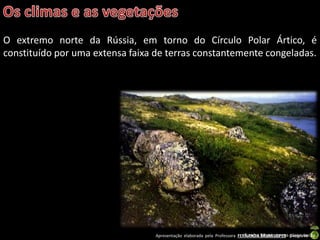 Apresentação elaborada pela Professora FERNANDA BRUM LOPES - Geografia
O extremo norte da Rússia, em torno do Círculo Polar Ártico, é
constituído por uma extensa faixa de terras constantemente congeladas.
Tundra Siberiana em pleno verão.
 
