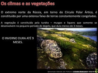Apresentação elaborada pela Professora FERNANDA BRUM LOPES - Geografia
O extremo norte da Rússia, em torno do Círculo Polar Ártico, é
constituído por uma extensa faixa de terras constantemente congeladas.
Tundra Siberiana em pleno verão.
A vegetação é constituída pela tundra – musgos e liquens que somente se
desenvolvem no pequeno período de degelo, que dura menos de 3 meses.
O INVERNO DURA ATÉ 9
MESES.
 
