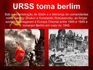 Batalha de Stalingrado
A batalha foi o ponto de virada na frente leste da guerra,
marcando o limite da expansão alemã no território soviético e
é considerada a maior e mais sangrenta batalha de toda a
História, causando a morte e ferimentos em cerca de dois
milhões de soldados e civis.
 