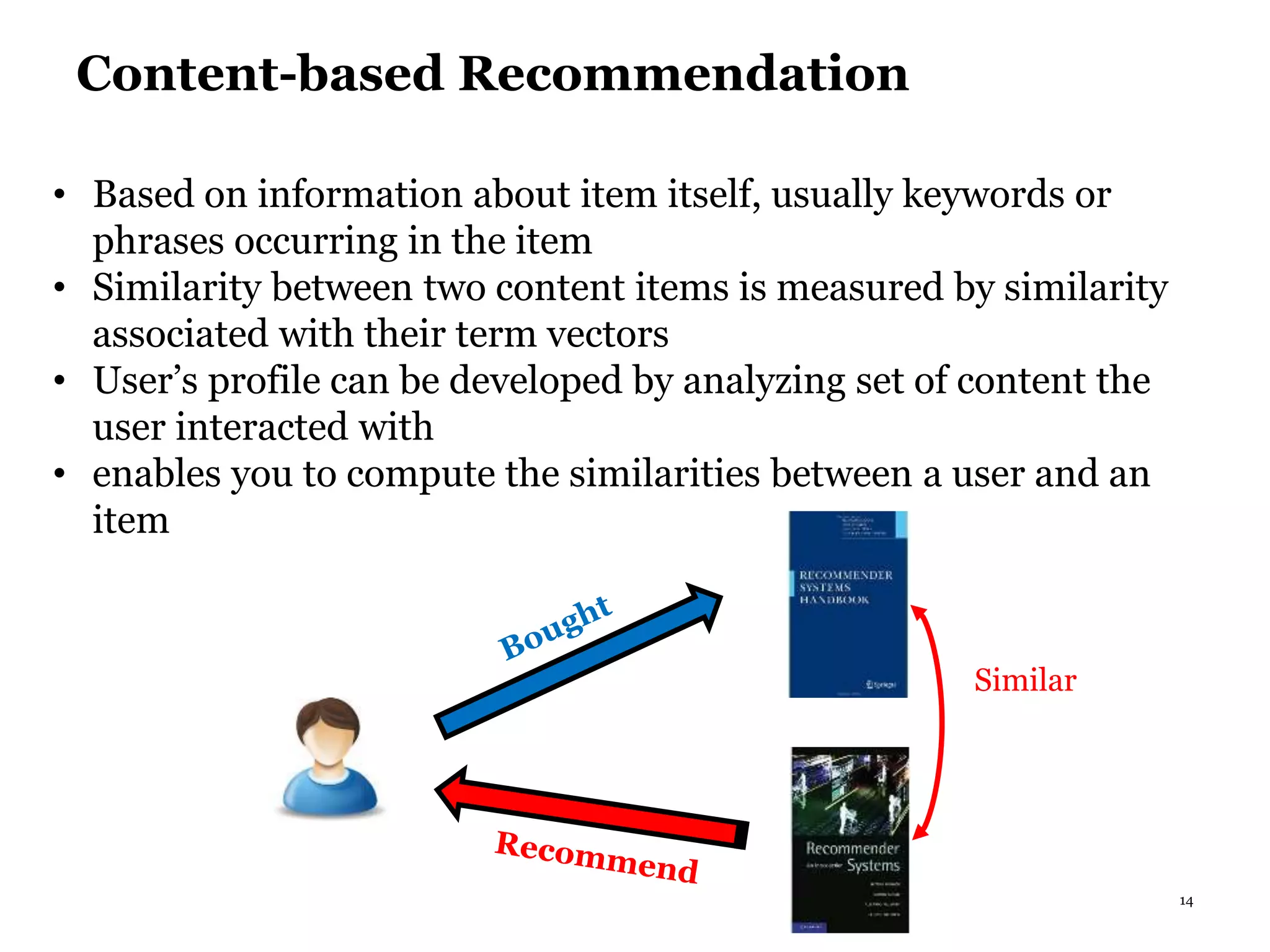 14
Content-based Recommendation
• Based on information about item itself, usually keywords or
phrases occurring in the item
• Similarity between two content items is measured by similarity
associated with their term vectors
• User’s profile can be developed by analyzing set of content the
user interacted with
• enables you to compute the similarities between a user and an
item
Similar
 