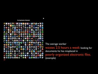 The average worker
wastes 2.5 hours a week looking for
documents he has misplaced in
poorly organized electronic ﬁles.
(example)
 