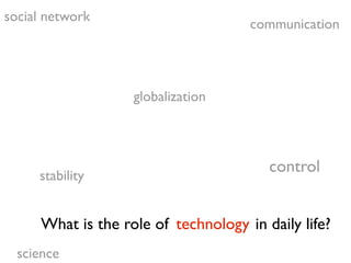 social network
                                     communication




                   globalization




     stability
                                        control


     What is the role of technology in daily life?
  science
 