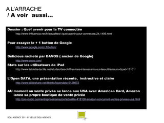 A L’ARRACHE
/ A voir aussi…

Dossier : Quel avenir pour la TV connectée
      http://www.influencia.net/fr/actualites1/quel-avenir-pour-connectee,24,1499.html


Pour essayer le + 1 button de Google
      http://www.google.com/+1/button/


Delicious racheté par DAVOS ( ancien de Google)
      http://www.avos.com/
Stats sur les utilisateurs de iPad
      http://www.tablette-tactile.net/etudes/des-chiffres-tres-interessants-sur-les-utilisateurs-dipad-13101/


L’Open DATA, une présentation récente, instructive et claire
      http://www.slideshare.net/libertic/lopendata-5128072


AU moment ou vente privée se lance aux USA avec American Card, Amazon
   lance sa propre boutique de vente privée
      http://pro.clubic.com/entreprises/amazon/actualite-418108-amazon-concurrent-ventes-privees-usa.html




SQLI AGENCY 2011 © VEILLE SQLI AGENCY
 
