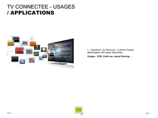 TV CONNECTEE - USAGES
/ APPLICATIONS




                        L’ «Appstore» de Samsung : 2 millions d’applis
                        téléchargées, 400 applis disponibles.
                        Usages : VOD, Catch-up, casual Gaming, …




© 2011                                                                   - 21 -
 