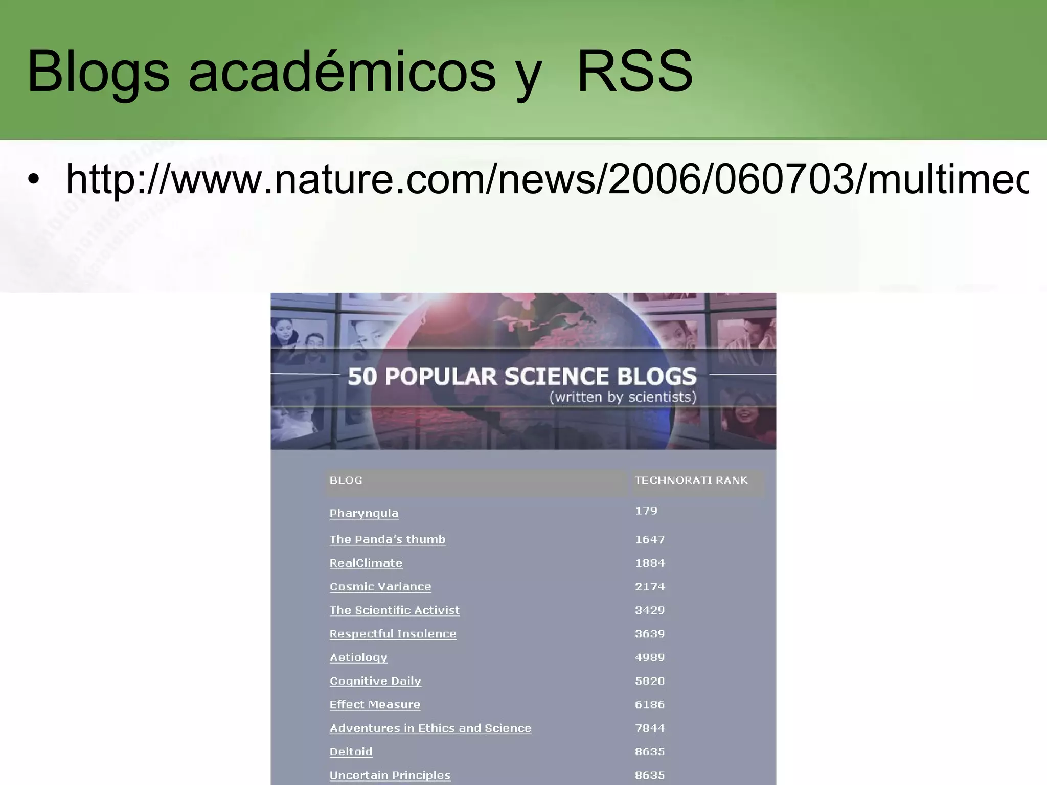 Blogs académicos y  RSS http://www.nature.com/news/2006/060703/multimedia/50_science_blogs.html 