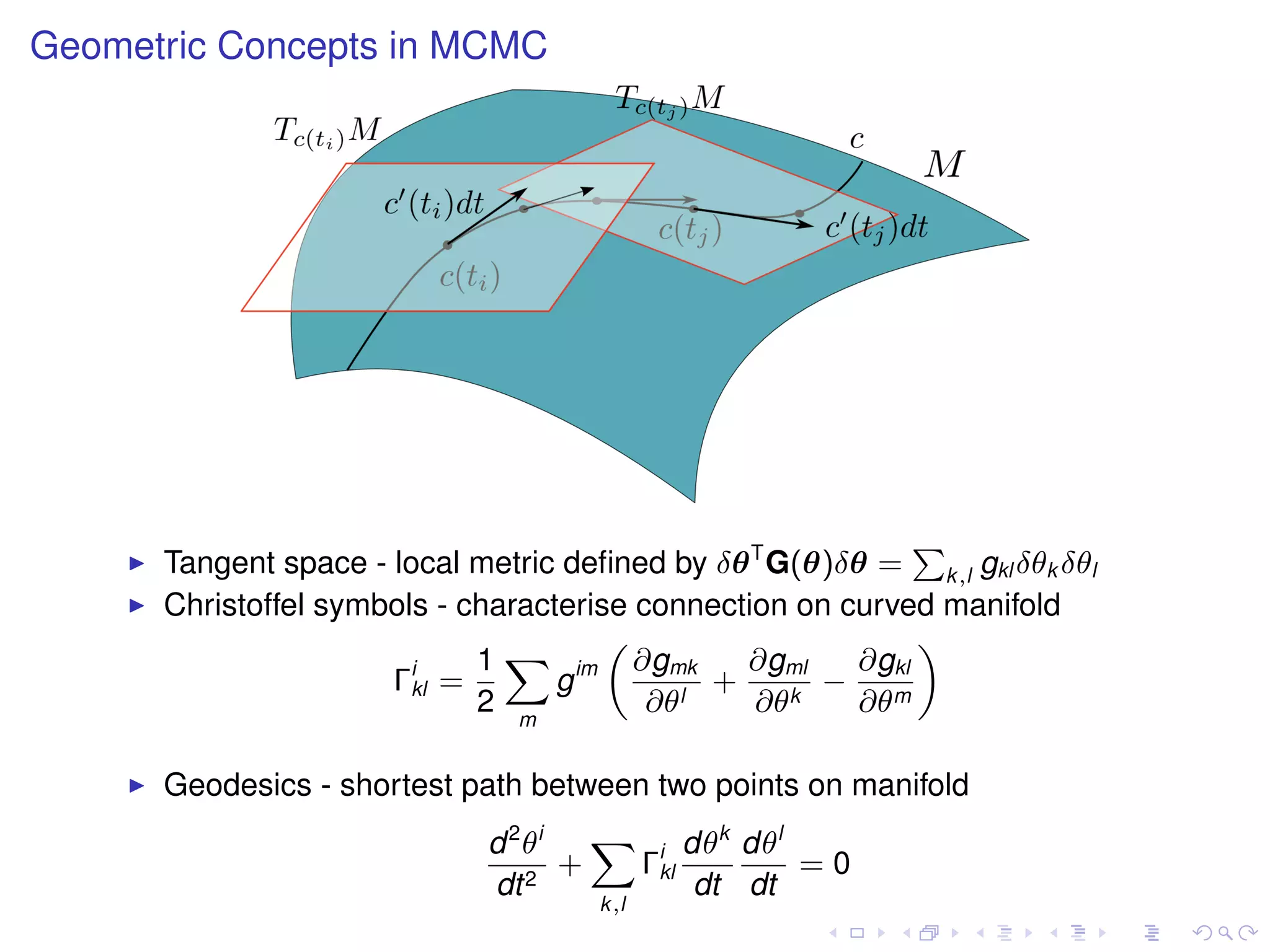 Geometric Concepts in MCMC




      Tangent space - local metric deﬁned by δθ T G(θ)δθ = k ,l gkl δθk δθl
                                                             P

      Christoffel symbols - characterise connection on curved manifold
                                       „                     «
                             1 X im ∂gmk        ∂gml    ∂gkl
                      Γikl =       g          +      − m
                             2 m          ∂θl    ∂θk    ∂θ

      Geodesics - shortest path between two points on manifold
                              d 2 θi   X i dθk dθl
                                     +  Γkl        =0
                              dt 2          dt dt
                                      k,l
 