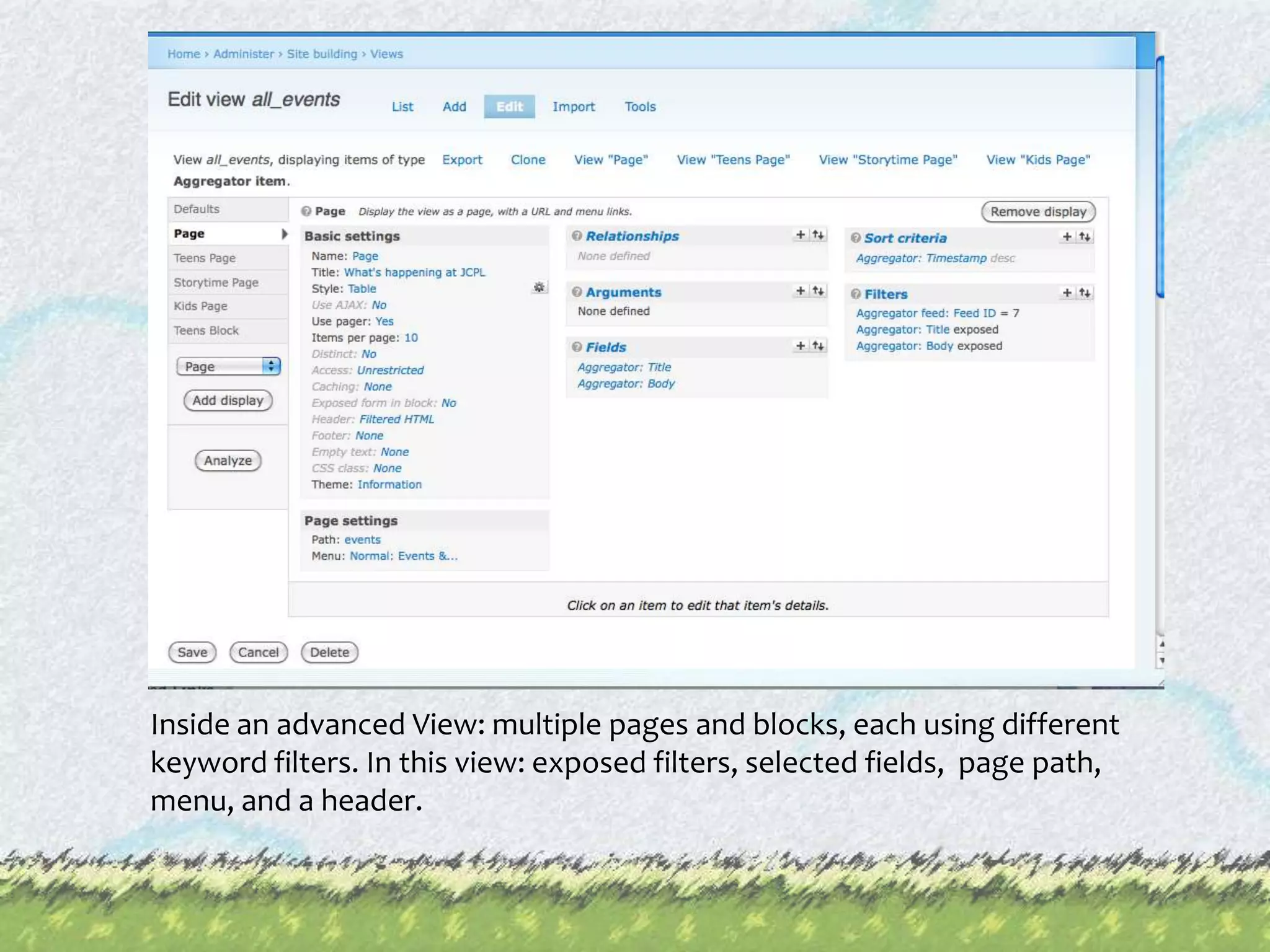 Inside an advanced View: multiple pages and blocks, each using different keyword filters. In this view: exposed filters, selected fields,  page path, menu, and a header.