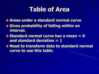 Table of Area
Areas under a standard normal curve
Gives probability of falling within an
interval.
Standard normal curve has a mean = 0
and standard deviation = 1
Need to transform data to standard normal
curve to use this table.
 