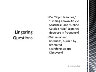 Do “Topic Searches,” “Finding Known Article Searches,” and “Online Catalog Help” searches decrease in frequency?Will reluctant librarians, burned by federated searching, adopt Discovery?Lingering Questions@amandaclay