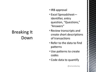 IRB approvalExcel Spreadsheet—identifier, entry question, “Questions,” “Answers” Review transcripts and create short descriptions of transactionsRefer to the data to find patterns Use patterns to create codesCode data to quantifyBreaking It Down@amandaclay