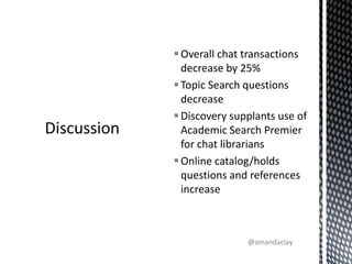 DiscussionOverall chat transactions decrease by 25%Topic Search questions decreaseDiscovery supplants use of Academic Search Premier  for chat librariansOnline catalog/holds questions and references increase@amandaclay