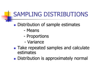 SAMPLING DISTRIBUTIONS
 Distribution of sample estimates
- Means
- Proportions
- Variance
 Take repeated samples and calculate
estimates
 Distribution is approximately normal
 