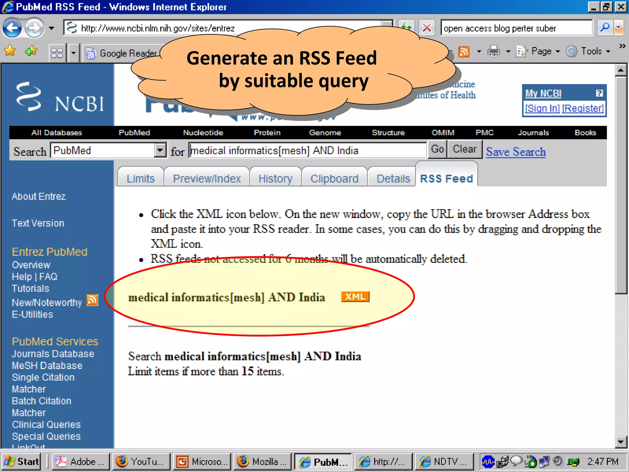 Generate an RSS Feed by suitable query 