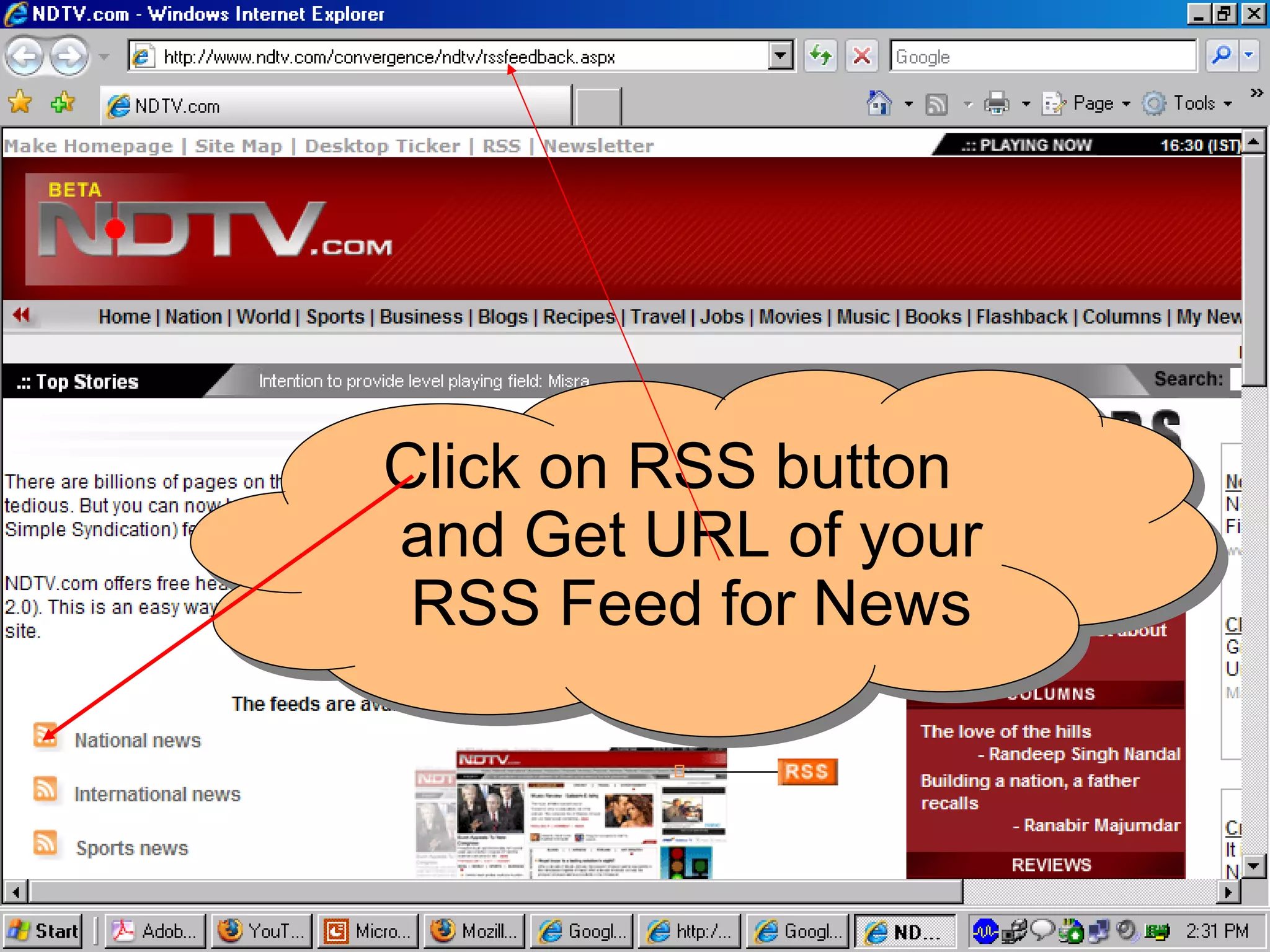 Click on RSS button and Get URL of your RSS Feed for News 