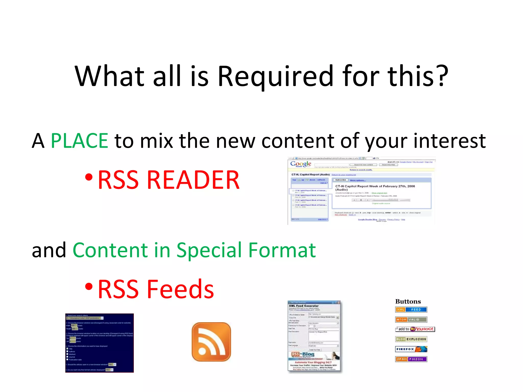 What all is Required for this? A  PLACE  to mix the new content of your interest  RSS READER and  Content in Special Format  RSS Feeds  