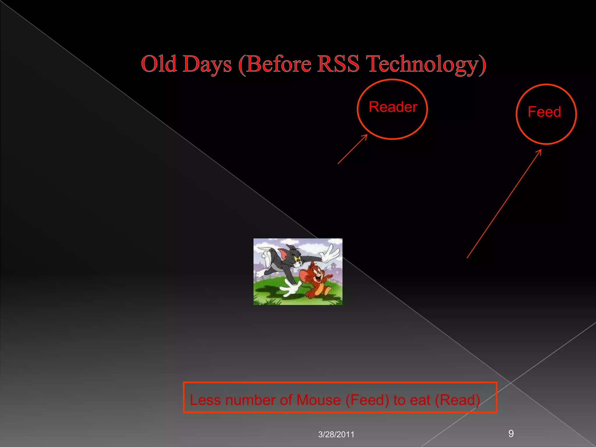 Contd...Thus, RSS technology is an efficient way to track what is new from selected websites, blogs, databases and news services. The feed readers (used for to collect, organise and display all the feeds) pull together new information from all your feeds in one handy place, saving your e-mail box from being flooded with alerts.Publisher: Push out information in a standard format from one           	source to many readers.FeedReader: Pull in information in a standard format from many sources 	into one location.3/24/20116Publisher(Creates Content)Feed(Content in a standard format)Feed Reader(Receives Content)
