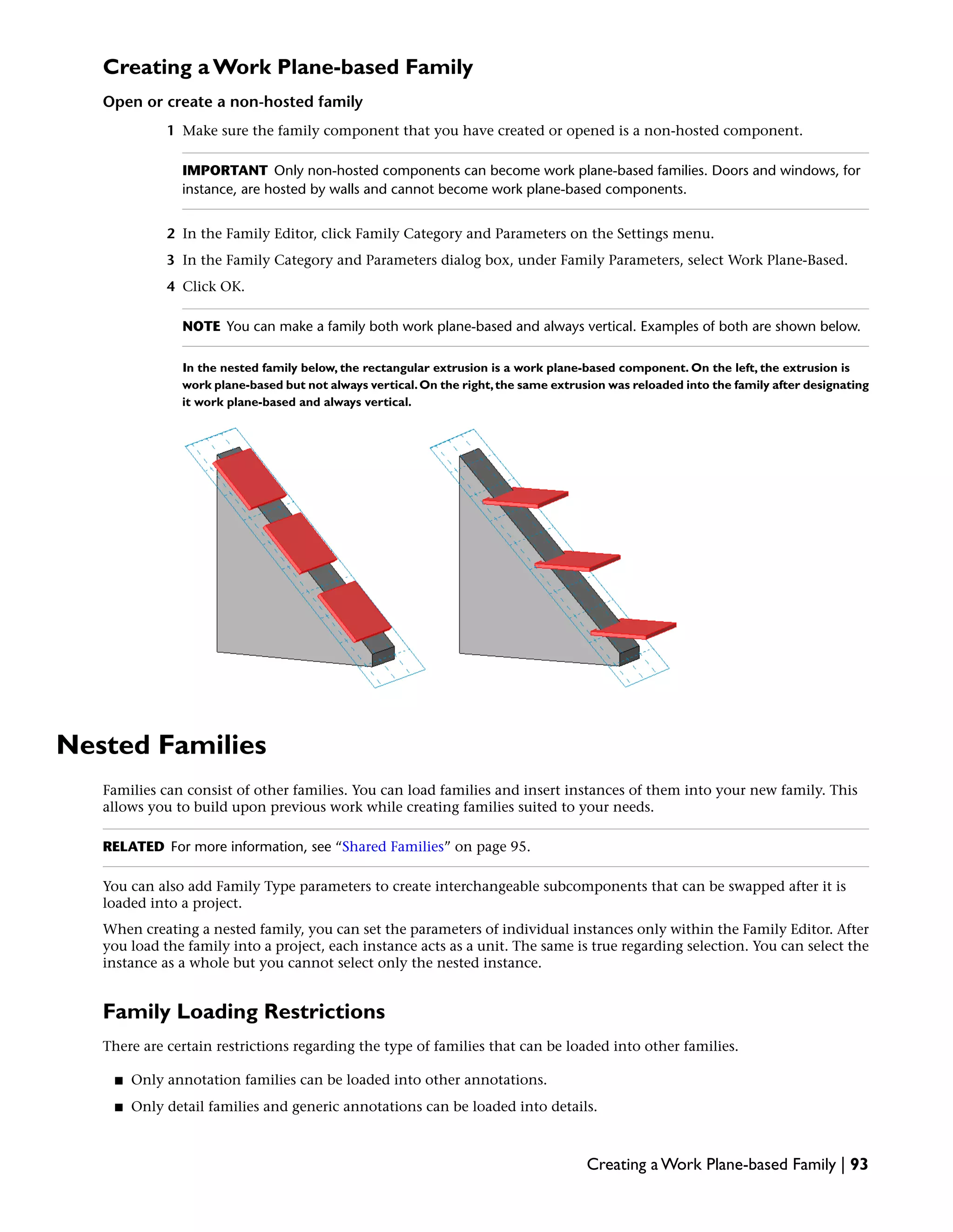 Creating a Work Plane-based Family
Open or create a non-hosted family
1 Make sure the family component that you have created or opened is a non-hosted component.
IMPORTANT Only non-hosted components can become work plane-based families. Doors and windows, for
instance, are hosted by walls and cannot become work plane-based components.
2 In the Family Editor, click Family Category and Parameters on the Settings menu.
3 In the Family Category and Parameters dialog box, under Family Parameters, select Work Plane-Based.
4 Click OK.
NOTE You can make a family both work plane-based and always vertical. Examples of both are shown below.
In the nested family below, the rectangular extrusion is a work plane-based component. On the left, the extrusion is
work plane-based but not always vertical.On the right,the same extrusion was reloaded into the family after designating
it work plane-based and always vertical.
Nested Families
Families can consist of other families. You can load families and insert instances of them into your new family. This
allows you to build upon previous work while creating families suited to your needs.
RELATED For more information, see “Shared Families” on page 95.
You can also add Family Type parameters to create interchangeable subcomponents that can be swapped after it is
loaded into a project.
When creating a nested family, you can set the parameters of individual instances only within the Family Editor. After
you load the family into a project, each instance acts as a unit. The same is true regarding selection. You can select the
instance as a whole but you cannot select only the nested instance.
Family Loading Restrictions
There are certain restrictions regarding the type of families that can be loaded into other families.
■ Only annotation families can be loaded into other annotations.
■ Only detail families and generic annotations can be loaded into details.
Creating a Work Plane-based Family | 93
 