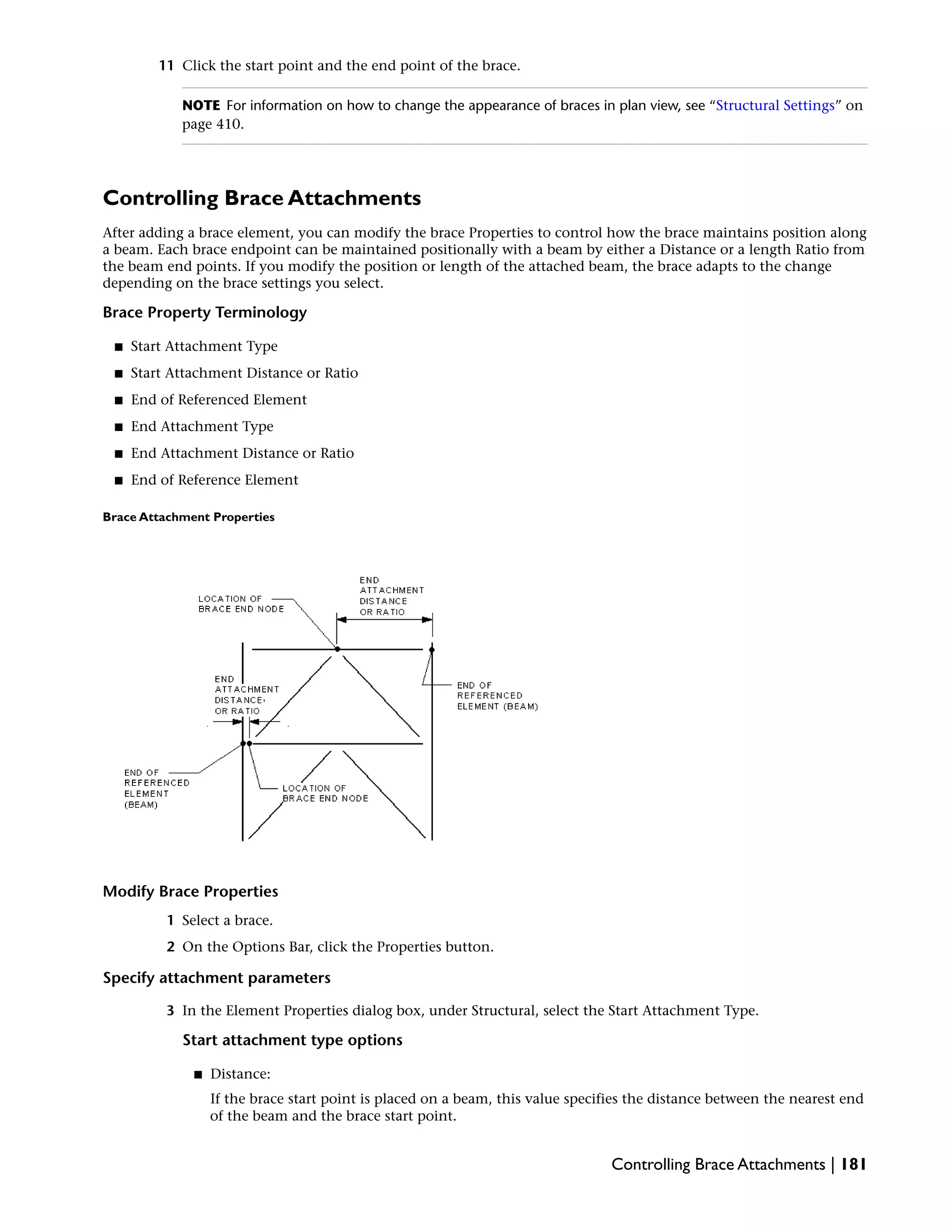 11 Click the start point and the end point of the brace.
NOTE For information on how to change the appearance of braces in plan view, see “Structural Settings” on
page 410.
Controlling Brace Attachments
After adding a brace element, you can modify the brace Properties to control how the brace maintains position along
a beam. Each brace endpoint can be maintained positionally with a beam by either a Distance or a length Ratio from
the beam end points. If you modify the position or length of the attached beam, the brace adapts to the change
depending on the brace settings you select.
Brace Property Terminology
■ Start Attachment Type
■ Start Attachment Distance or Ratio
■ End of Referenced Element
■ End Attachment Type
■ End Attachment Distance or Ratio
■ End of Reference Element
Brace Attachment Properties
Modify Brace Properties
1 Select a brace.
2 On the Options Bar, click the Properties button.
Specify attachment parameters
3 In the Element Properties dialog box, under Structural, select the Start Attachment Type.
Start attachment type options
■ Distance:
If the brace start point is placed on a beam, this value specifies the distance between the nearest end
of the beam and the brace start point.
Controlling Brace Attachments | 181
 
