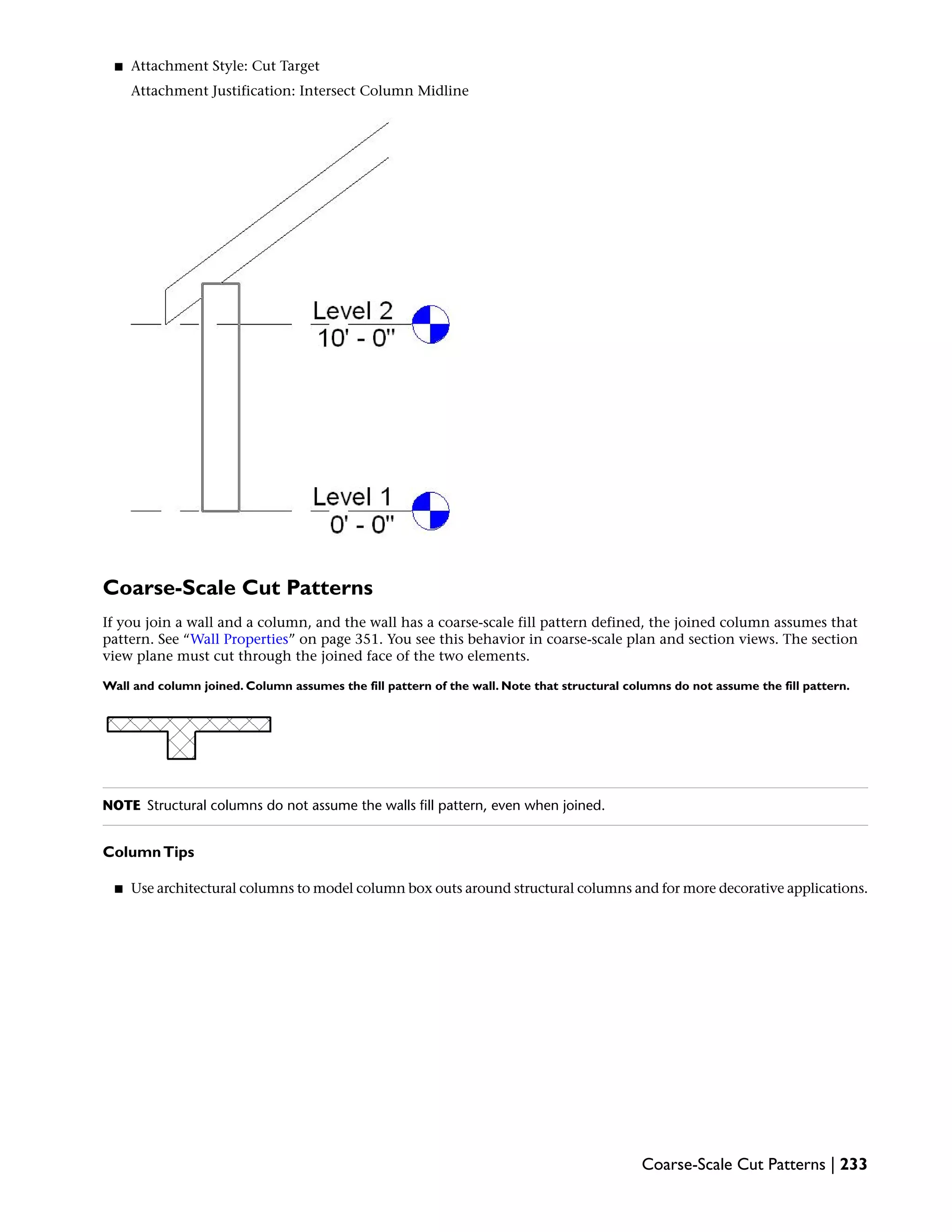 ■ Attachment Style: Cut Target
Attachment Justification: Intersect Column Midline
Coarse-Scale Cut Patterns
If you join a wall and a column, and the wall has a coarse-scale fill pattern defined, the joined column assumes that
pattern. See “Wall Properties” on page 351. You see this behavior in coarse-scale plan and section views. The section
view plane must cut through the joined face of the two elements.
Wall and column joined. Column assumes the fill pattern of the wall. Note that structural columns do not assume the fill pattern.
NOTE Structural columns do not assume the walls fill pattern, even when joined.
ColumnTips
■ Use architectural columns to model column box outs around structural columns and for more decorative applications.
Coarse-Scale Cut Patterns | 233
 