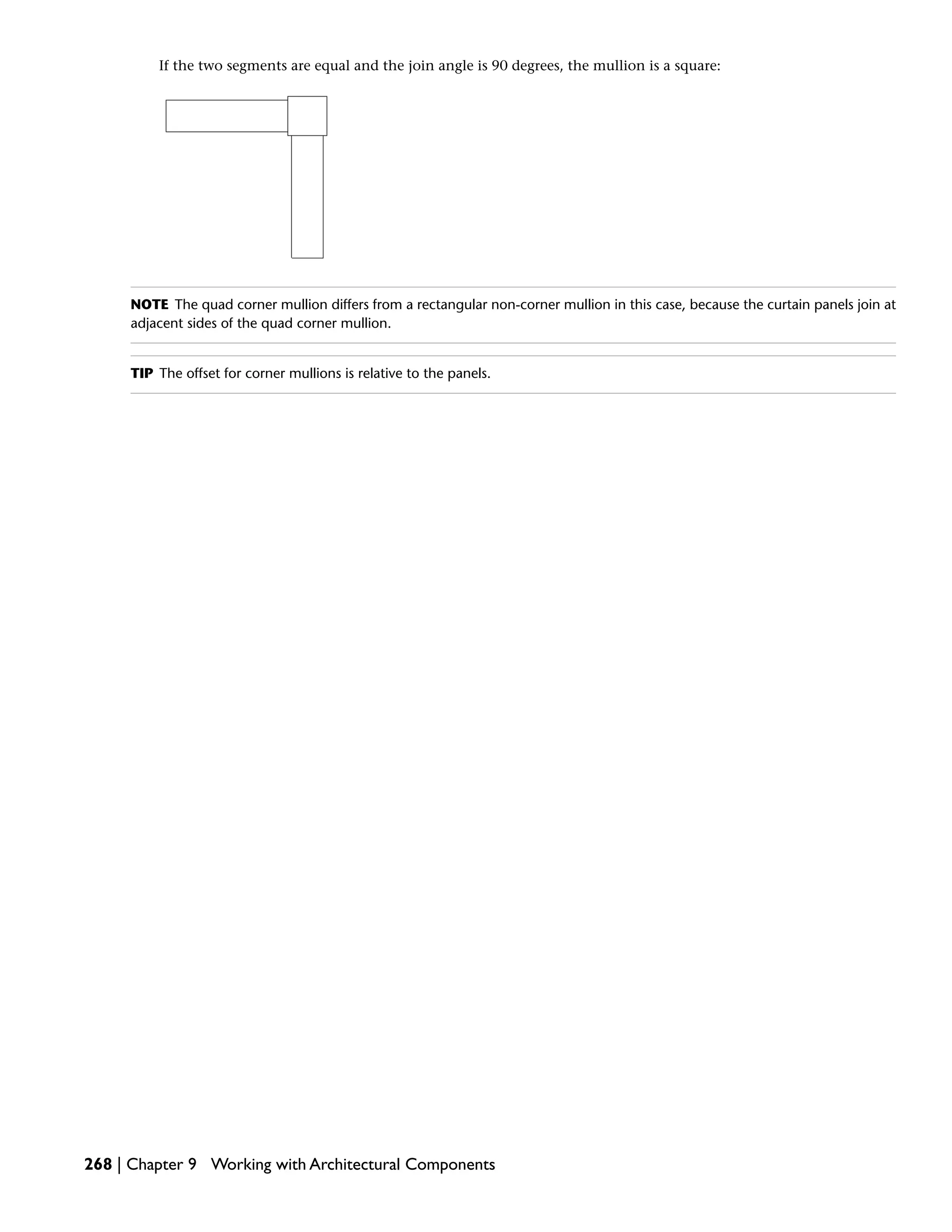 If the two segments are equal and the join angle is 90 degrees, the mullion is a square:
NOTE The quad corner mullion differs from a rectangular non-corner mullion in this case, because the curtain panels join at
adjacent sides of the quad corner mullion.
TIP The offset for corner mullions is relative to the panels.
268 | Chapter 9 Working with Architectural Components
 