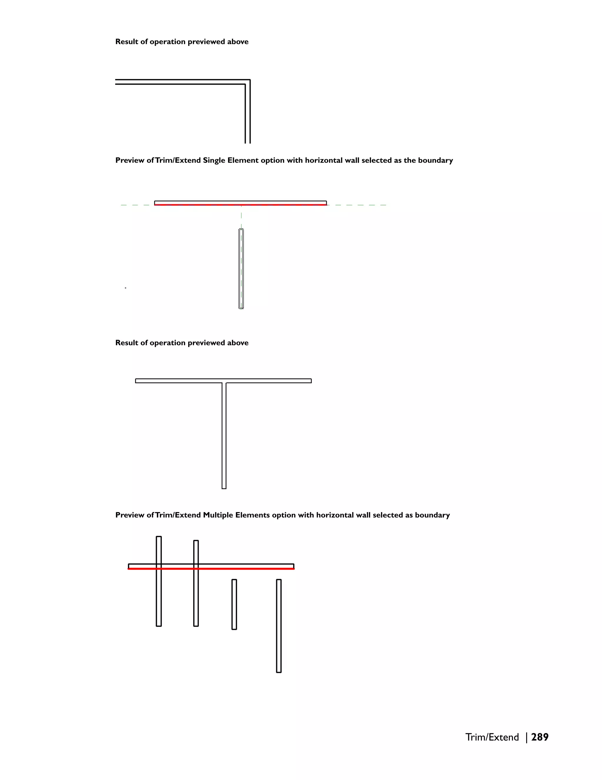 Result of operation previewed above
Preview ofTrim/Extend Single Element option with horizontal wall selected as the boundary
Result of operation previewed above
Preview ofTrim/Extend Multiple Elements option with horizontal wall selected as boundary
Trim/Extend | 289
 
