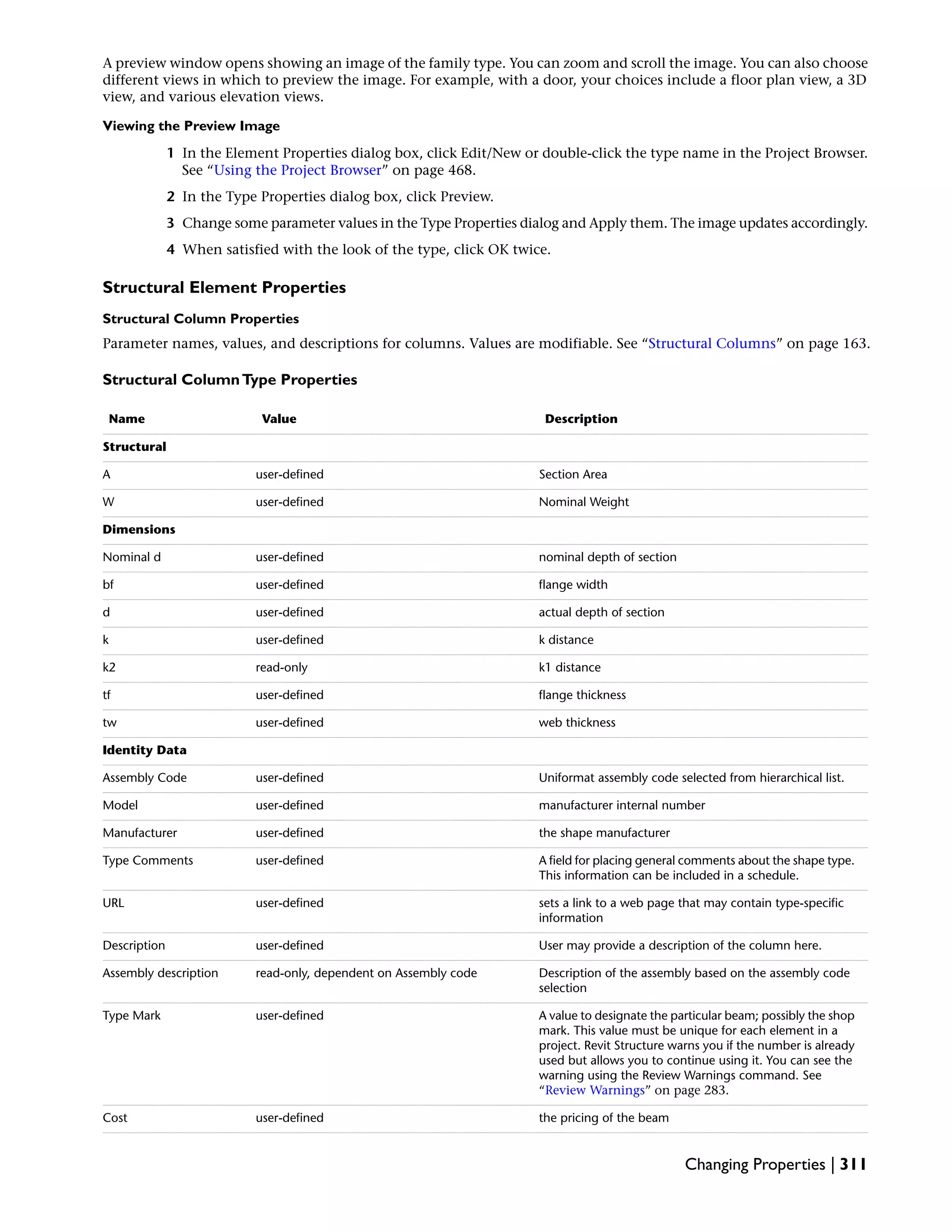 A preview window opens showing an image of the family type. You can zoom and scroll the image. You can also choose
different views in which to preview the image. For example, with a door, your choices include a floor plan view, a 3D
view, and various elevation views.
Viewing the Preview Image
1 In the Element Properties dialog box, click Edit/New or double-click the type name in the Project Browser.
See “Using the Project Browser” on page 468.
2 In the Type Properties dialog box, click Preview.
3 Change some parameter values in the Type Properties dialog and Apply them. The image updates accordingly.
4 When satisfied with the look of the type, click OK twice.
Structural Element Properties
Structural Column Properties
Parameter names, values, and descriptions for columns. Values are modifiable. See “Structural Columns” on page 163.
Structural ColumnType Properties
DescriptionValueName
Structural
Section Areauser-definedA
Nominal Weightuser-definedW
Dimensions
nominal depth of sectionuser-definedNominal d
flange widthuser-definedbf
actual depth of sectionuser-definedd
k distanceuser-definedk
k1 distanceread-onlyk2
flange thicknessuser-definedtf
web thicknessuser-definedtw
Identity Data
Uniformat assembly code selected from hierarchical list.user-definedAssembly Code
manufacturer internal numberuser-definedModel
the shape manufactureruser-definedManufacturer
A field for placing general comments about the shape type.
This information can be included in a schedule.
user-definedType Comments
sets a link to a web page that may contain type-specific
information
user-definedURL
User may provide a description of the column here.user-definedDescription
Description of the assembly based on the assembly code
selection
read-only, dependent on Assembly codeAssembly description
A value to designate the particular beam; possibly the shop
mark. This value must be unique for each element in a
project. Revit Structure warns you if the number is already
used but allows you to continue using it. You can see the
warning using the Review Warnings command. See
“Review Warnings” on page 283.
user-definedType Mark
the pricing of the beamuser-definedCost
Changing Properties | 311
 