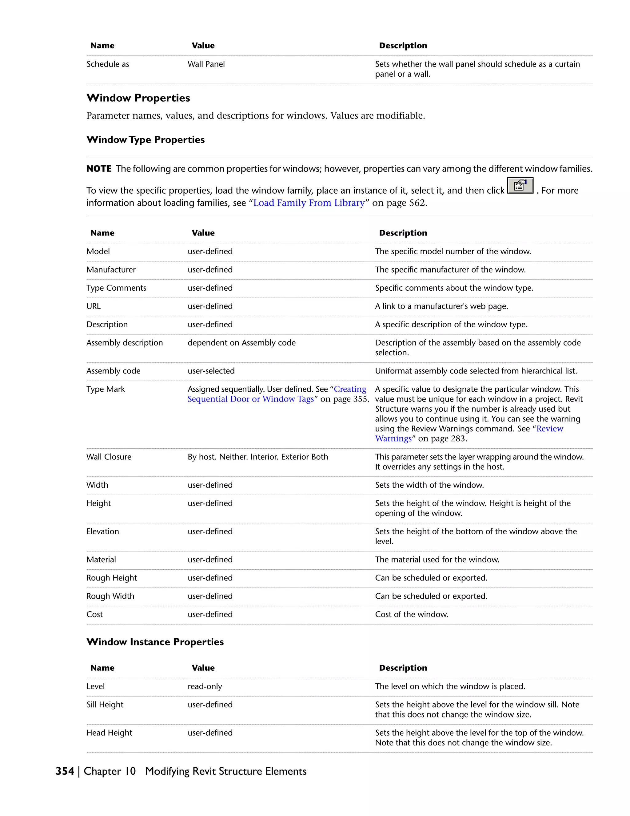 DescriptionValueName
Sets whether the wall panel should schedule as a curtain
panel or a wall.
Wall PanelSchedule as
Window Properties
Parameter names, values, and descriptions for windows. Values are modifiable.
WindowType Properties
NOTE The following are common properties for windows; however, properties can vary among the different window families.
To view the specific properties, load the window family, place an instance of it, select it, and then click . For more
information about loading families, see “Load Family From Library” on page 562.
DescriptionValueName
The specific model number of the window.user-definedModel
The specific manufacturer of the window.user-definedManufacturer
Specific comments about the window type.user-definedType Comments
A link to a manufacturer's web page.user-definedURL
A specific description of the window type.user-definedDescription
Description of the assembly based on the assembly code
selection.
dependent on Assembly codeAssembly description
Uniformat assembly code selected from hierarchical list.user-selectedAssembly code
A specific value to designate the particular window. This
value must be unique for each window in a project. Revit
Structure warns you if the number is already used but
allows you to continue using it. You can see the warning
using the Review Warnings command. See “Review
Warnings” on page 283.
Assigned sequentially. User defined. See “Creating
Sequential Door or Window Tags” on page 355.
Type Mark
This parameter sets the layer wrapping around the window.
It overrides any settings in the host.
By host. Neither. Interior. Exterior BothWall Closure
Sets the width of the window.user-definedWidth
Sets the height of the window. Height is height of the
opening of the window.
user-definedHeight
Sets the height of the bottom of the window above the
level.
user-definedElevation
The material used for the window.user-definedMaterial
Can be scheduled or exported.user-definedRough Height
Can be scheduled or exported.user-definedRough Width
Cost of the window.user-definedCost
Window Instance Properties
DescriptionValueName
The level on which the window is placed.read-onlyLevel
Sets the height above the level for the window sill. Note
that this does not change the window size.
user-definedSill Height
Sets the height above the level for the top of the window.
Note that this does not change the window size.
user-definedHead Height
354 | Chapter 10 Modifying Revit Structure Elements
 