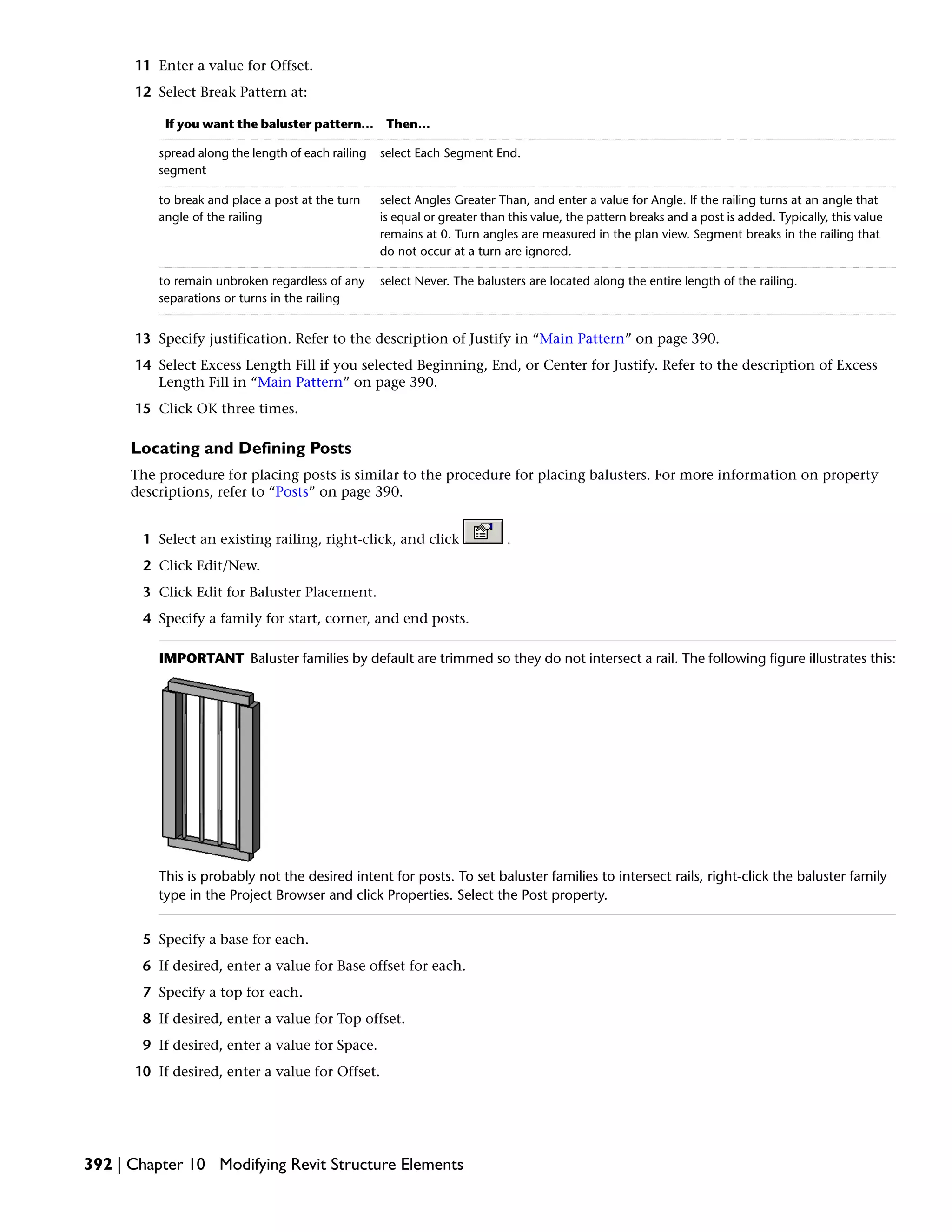 11 Enter a value for Offset.
12 Select Break Pattern at:
Then…If you want the baluster pattern…
select Each Segment End.spread along the length of each railing
segment
select Angles Greater Than, and enter a value for Angle. If the railing turns at an angle that
is equal or greater than this value, the pattern breaks and a post is added. Typically, this value
remains at 0. Turn angles are measured in the plan view. Segment breaks in the railing that
do not occur at a turn are ignored.
to break and place a post at the turn
angle of the railing
select Never. The balusters are located along the entire length of the railing.to remain unbroken regardless of any
separations or turns in the railing
13 Specify justification. Refer to the description of Justify in “Main Pattern” on page 390.
14 Select Excess Length Fill if you selected Beginning, End, or Center for Justify. Refer to the description of Excess
Length Fill in “Main Pattern” on page 390.
15 Click OK three times.
Locating and Defining Posts
The procedure for placing posts is similar to the procedure for placing balusters. For more information on property
descriptions, refer to “Posts” on page 390.
1 Select an existing railing, right-click, and click .
2 Click Edit/New.
3 Click Edit for Baluster Placement.
4 Specify a family for start, corner, and end posts.
IMPORTANT Baluster families by default are trimmed so they do not intersect a rail. The following figure illustrates this:
This is probably not the desired intent for posts. To set baluster families to intersect rails, right-click the baluster family
type in the Project Browser and click Properties. Select the Post property.
5 Specify a base for each.
6 If desired, enter a value for Base offset for each.
7 Specify a top for each.
8 If desired, enter a value for Top offset.
9 If desired, enter a value for Space.
10 If desired, enter a value for Offset.
392 | Chapter 10 Modifying Revit Structure Elements
 