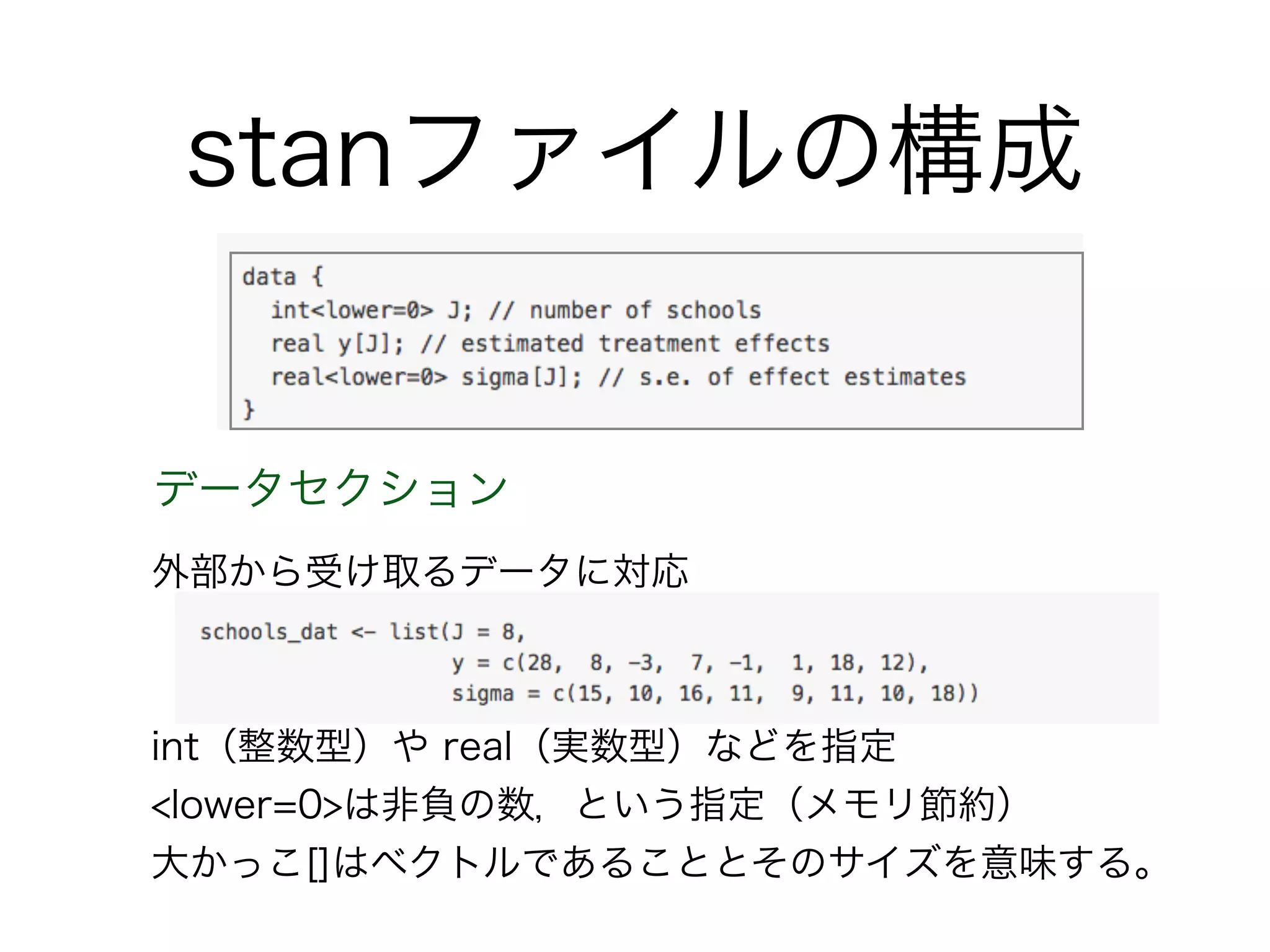 stanファイルの構成
データセクション
外部から受け取るデータに対応
int（整数型）や real（実数型）などを指定
<lower=0>は非負の数，という指定（メモリ節約）
大かっこ[]はベクトルであることとそのサイズを意味する。
 